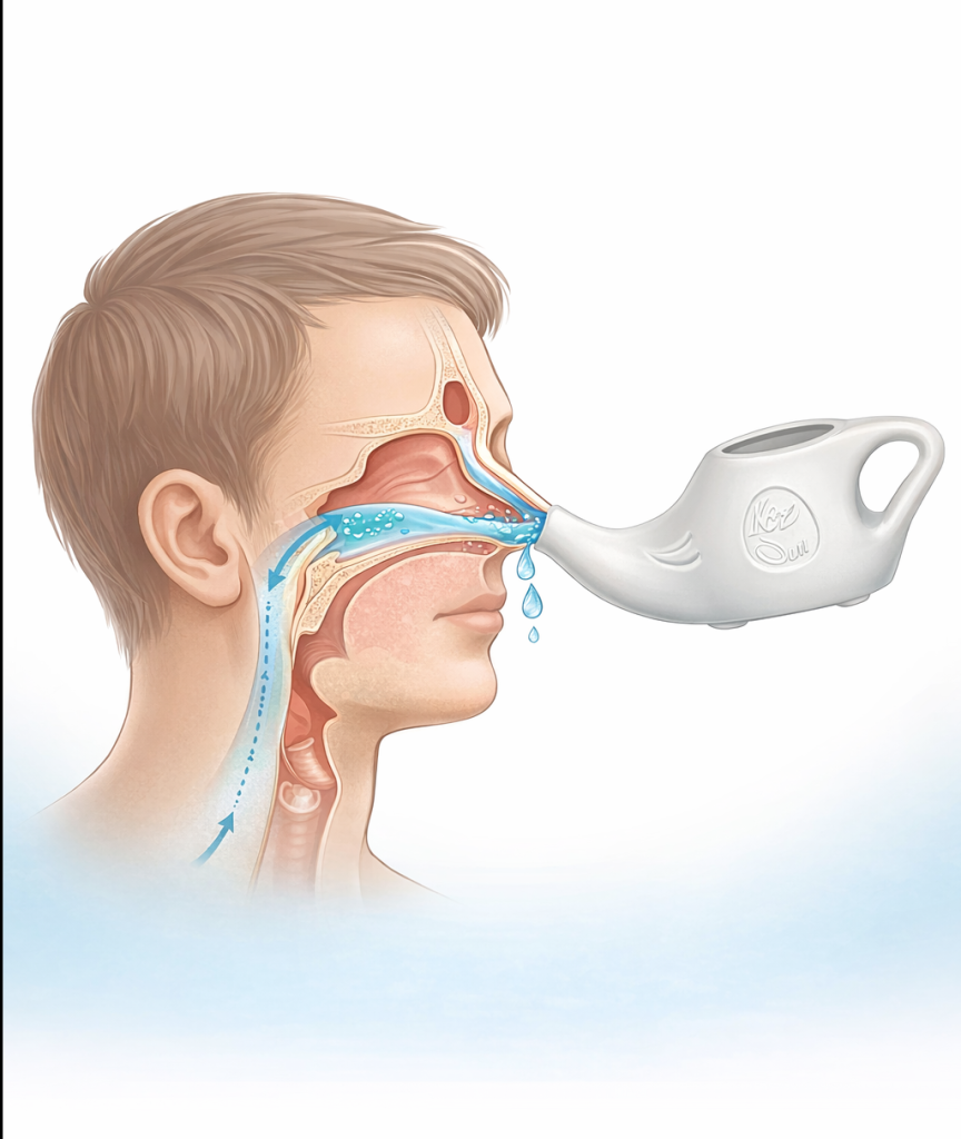 اینفوگرافیک پزشکی نحوه عملکرد قوری نتی در شستشوی مجاری بینی و سینوسها